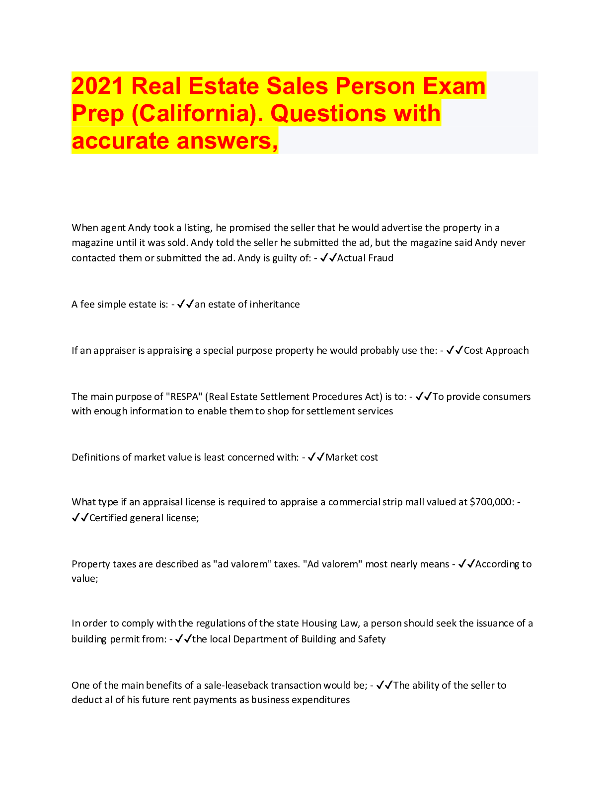 2021 Real Estate Sales Person Exam Prep (California). Questions with